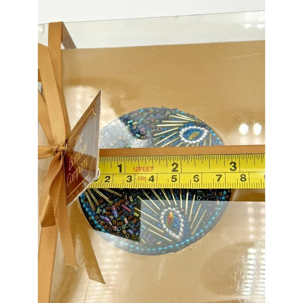 The Bombay Co Blue Peacock Hand Beaded Mirror And Trinket Box Gift Set New